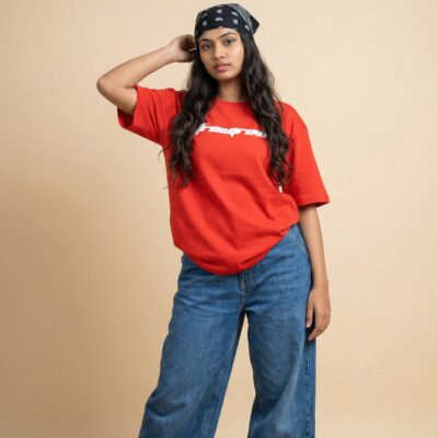Thrid Eye red oversized puff-print t-shirt by Freaqrew India